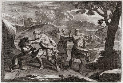 Bijbel van Royaumont, Oude Testament: Geboorte van Samson. Samson scheurt een leeuw in stukken. Illustratie uit 1811. door Unknown artist