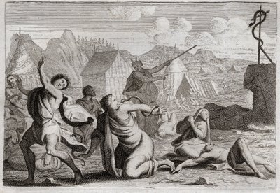 Bijbel van Royaumont, Oude Testament: Koperen slang. Het volk mopperde tegen God en tegen Mozes, en werd gestraft door vurige slangen; van wie ze gewond waren door een koperen slang, die Mozes had opgericht om door het hele volk gezien te worden. Illustrat door Unknown artist