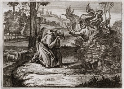 Royaumont Bijbel, Oude Testament: Brandende Braamstruik. God spreekt tot Mozes vanuit een brandende braamstruik. Illustratie uit 1811. door Unknown artist