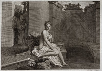 Royaumont Bijbel, Oude Testament: Kuisheid van Susanna. Twee ouderlingen, rechters van het volk, proberen de kuisheid van Susanna te corrumperen terwijl ze alleen in haar tuin was en een bad nam. Illustratie uit 1811. door Unknown artist
