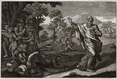 Royaumont Bijbel, Oude Testament: Kinderen verscheurd door beren. Kinderen die de kaalheid van Elisa bespotten worden verscheurd door beren. Illustratie uit 1811. door Unknown artist