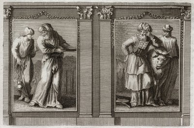 Bijbel van Royaumont, Oude Testament: Kleding van de priesters. Afbeelding van de kleding van de hogepriester en van de andere Levieten. Illustratie uit 1811. door Unknown artist