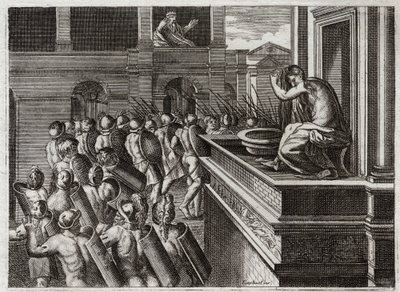 Royaumont Bijbel, Oude Testament: Misdaad van David of Bathseba in het bad. David zag Bathseba van verre, de vrouw van Uria de Hethiet, baden, en kreeg een slechte begeerte naar haar, en doodde toen haar man Uria. Illustratie door Unknown artist
