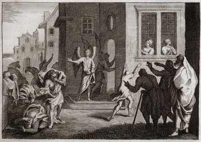 Bijbel van Royaumont, Oude Testament: Misdrijven van de Sodomieten. Lot ontvangt engelen in zijn huis. De Sodomieten (Sodom) willen hen geweld aandoen. De engelen slaan hen met blindheid. Illustratie uit 1811. door Unknown artist