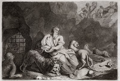 Bijbel van Royaumont, Oude Testament: Daniël in de leeuwenkuil. Daniël wordt in de leeuwenkuil gegooid en wordt wonderbaarlijk gered. Illustratie uit 1811. door Unknown artist