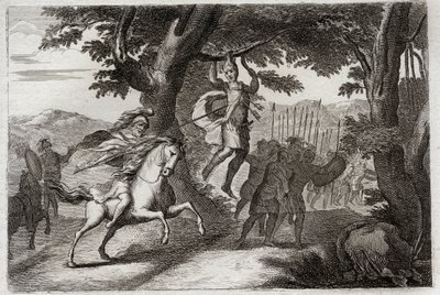 Royaumont Bijbel, Oude Testament: Dood van Absalom. Absalom vluchtend uit de strijd wordt bij zijn haar aan een eik vastgehouden, of Joab doorboort zijn hart met drie pijlen. Illustratie uit 1811. door Unknown artist