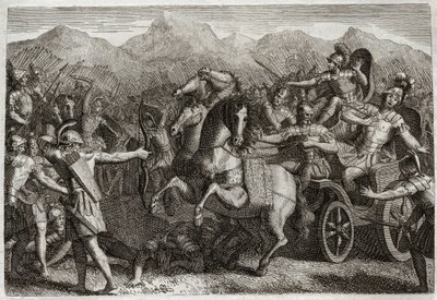 Royaumont Bijbel, Oude Testament: Dood van Achab. Achab voerde oorlog tegen Syrië en werd gedood door een willekeurige pijl. Illustratie uit 1811. door Unknown artist