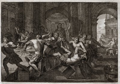 Bijbel van Royaumont, Oude Testament: Dood van Amnon. Absalom (of Avshalom, Absalon) verzoent zich met David en laat zijn broer Amnon (Ammon) vluchten naar een feest. David wordt gedwongen om uit Jeruzalem te vluchten en ondergaat deze vervolging met wonde door Unknown artist