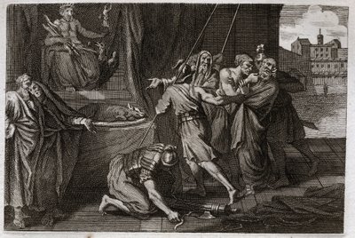 Bijbel van Royaumont, Oude Testament: Dood van Eleazar. De oude heilige Eleazar werd gedood op bevel van Antiochus IV Epiphanes (175-164 v.Chr.), omdat hij niet wilde doen alsof hij verboden vlees at. Illustratie uit 1811. door Unknown artist