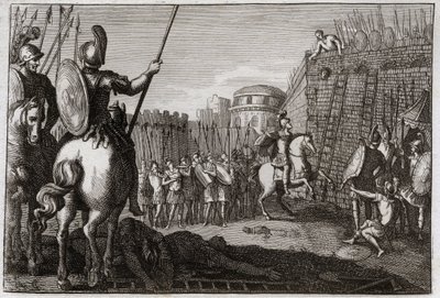 Bijbel van Royaumont, Oude Testament: Dood van Seba. En Seba (Sheba) kwam in opstand tegen David en nam de tien stammen mee, en Joab achtervolgde hem in Abela, waar zijn hoofd werd afgehakt op advies van een vrouw. Illustratie uit 1811. door Unknown artist