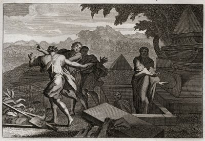 Bijbel van Royaumont, Oude Testament: Dood herrijst. Een dode man werd per ongeluk bij het graf van Elisa neergelegd, en hij herrees door het aanraken van zijn botten. Illustratie uit 1811. door Unknown artist