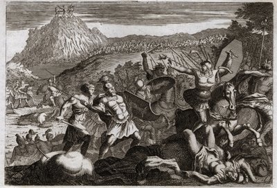 Royaumont Bijbel, Oude Testament: Nederlaag van Amalek. Mozes behaalde de overwinning op de Amalekieten door zijn handen hoog in de hemel te houden. Illustratie uit 1811. door Unknown artist