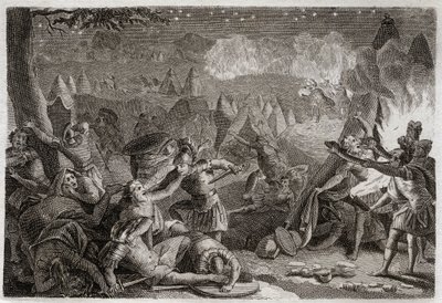 Bijbel van Royaumont, Oude Testament: Nederlaag van de Midianieten door het geluid van de trompetten en de lichten van de lampen. Illustratie uit 1811. door Unknown artist
