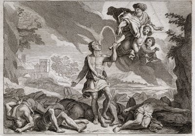 Bijbel van Royaumont, Oude Testament: Nederlaag van de Filistijnen. Simson doodt duizend Filistijnen met een ezelskaak. God laat water uit de kaak stromen zodat Simson zijn dorst kan lessen. Illustratie uit 1811. door Unknown artist