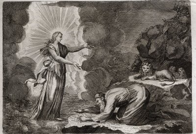 Bijbel van Royaumont, Oude Testament: Bevrijding van Daniël. Daniël, in de leeuwenkuil, wordt wonderbaarlijk gedronken. Illustratie uit 1811. door Unknown artist