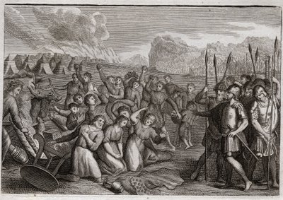 Bijbel van Royaumont, Oude Testament: Vernietiging van Hai. Jozua, na de verwoesting van Jericho, valt de stad Hai aan, waar hij eerst wordt teruggedreven vanwege de misdaad van Akan, maar na de straf van Akan neemt hij de stad in. Illustratie uit 1811 door Unknown artist