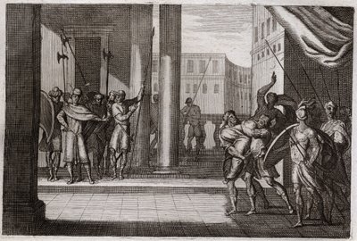 Bijbel van Royaumont, Oude Testament: Dina ging uit nieuwsgierigheid de vrouwen van Sichem (of Sichem) bekijken, en de koning van die stad had haar geweld aangedaan, haar broers namen wraak en doodden alle mensen van Sichem met de koning. Illustratie uit 1 door Unknown artist
