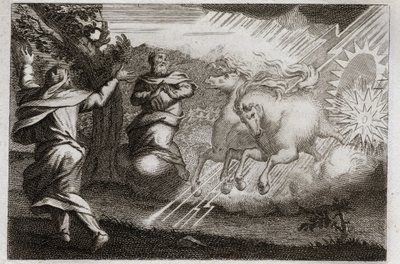 Bijbel van Royaumont, Oude Testament: Elia wordt in de hemel opgenomen. Elia wordt in een vurige wagen naar de hemel gebracht in aanwezigheid van zijn discipel. Elisee ontvangt van hem zijn dubbele geest: hij verdeelt het water van de Jordaan met de mantel door Unknown artist