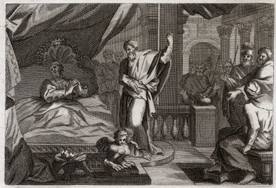 Bijbel van Royaumont, Oude Testament: Ezechias ontvangt gezondheid. Koning Ezechias was doodziek, ontving gezondheid en nog vijftien jaar leven. De profeet Jesaja kondigt zijn oorlog aan: het teken zal zijn om de schaduw van de klok tien graden terug te du door Unknown artist