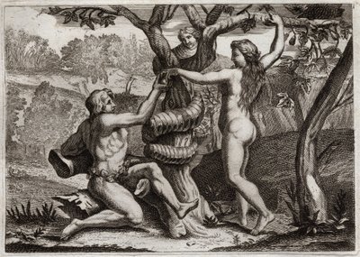 Bijbel van Royaumont, Oude Testament: De Val van Adam. De demon onder de gedaante van een slang spreekt tot Eva en verleidt haar om verboden vrucht te eten: Eva valt en veroorzaakt ook de val van Adam. Illustratie uit 1811. door Unknown artist