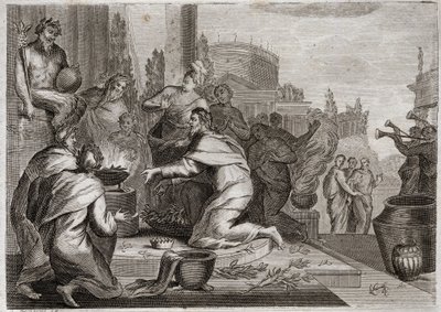 Bijbel van Royaumont, Oude Testament: Val van Salomo. Salomo wordt gecorrumpeerd door vrouwen en offert wierook aan de afgoden van de valse goden. Zijn dood. Illustratie uit 1811. door Unknown artist