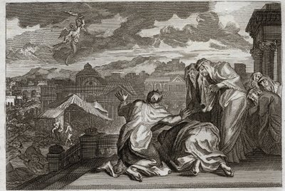 Bijbel van Royaumont, Oude Testament: Vloek van de Pest. En David, die de schaduw van al zijn volk had gemaakt door een ijdele beweging, God treft zijn koninkrijk met een pest die in drie dagen zeventigduizend mannen doodt. Illustratie uit 1811. door Unknown artist
