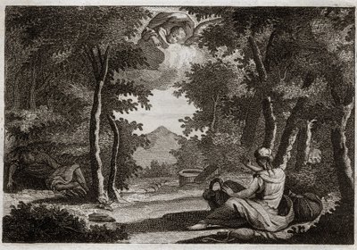 Bijbel van Royaumont, Oude Testament: Vlucht van Hagar. Hagar vlucht voor haar meesteres Sara. Sara behandelt haar met strengheid. Hagar kan het niet verdragen en vlucht het huis uit naar de woestijn, waar een engel met haar spreekt om haar terug te brenge door Unknown artist