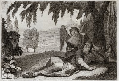 Bijbel van Royaumont, Oude Testament: Vlucht van Elia. Elia vlucht voor de woede van Izebel, die wraak op hem wilde nemen voor de dood van haar valse profeten, en wordt in de woestijn ondersteund door een engel die hem voedsel brengt. Illustratie uit 1811. door Unknown artist
