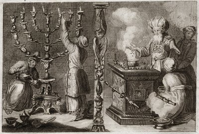 Royaumont Bijbel, Oude Testament: Gouden kandelaar met zeven armen (menorah) in de Tabernakel. Illustratie uit 1811. door Unknown artist