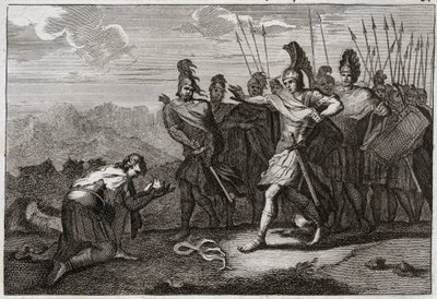Bijbel van Royaumont, Oude Testament: Hoofd van Saul. De Filistijnen genieten van Sauls dood en bieden zijn hoofd aan hun afgod. David betreurt zijn dood en gaat naar Judea, waar hij in Hebron als koning wordt erkend. Illustratie uit 1811. door Unknown artist