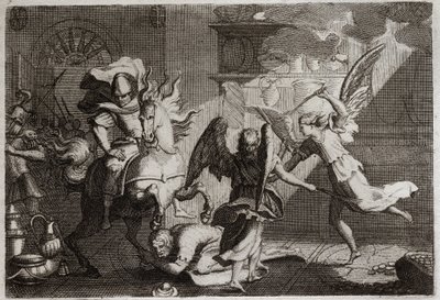 Bijbel van Royaumont, Oude Testament: Heliodorus verjaagt de tempel. Heliodorus, gestuurd door zijn heerser om de Tempel van Jeruzalem te plunderen, werd met stokken geslagen door engelen. Illustratie uit 1811. door Unknown artist