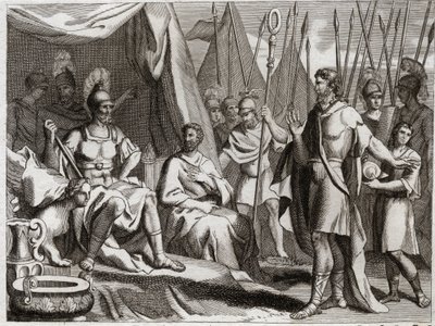 Bijbel van Royaumont, Oude Testament: Holoferne. Generaal van het leger van Nebukadnezar II, Holoferne nadert Judea. Ahior, koning van de Ammonieten, die hem kwam teruggeven, verheft voor Holoferne de macht van de God van de Joden. Illustratie uit 1811. door Unknown artist