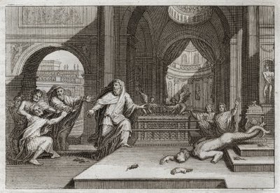 Bijbel van Royaumont, Oude Testament: Afgod van Dagon. En toen de Filistijnen de ark van het verbond in de tempel naast Dagon hun god plaatsten, bracht zij hun afgod ten val en sloeg hen allen met een zeer zware plaag, die hen dwong haar weg te sturen. Ill door Unknown artist