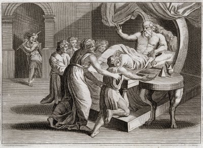 Bijbel van Royaumont, Oude Testament: Isaak zegent Jakob. Isaak, die Esau wilde zegenen, geeft zijn zegen aan Jakob door de wijsheid van Rebekka, aan wie het volgens Gods plan toebehoorde. Illustratie uit 1811. door Unknown artist