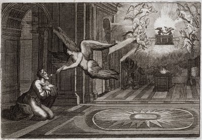 Royaumont Bijbel, Oude Testament: Jesaja profeet. Een serafijn nam met zijn tang een brandende kool van het altaar en raakte de lippen van deze heilige profeet aan om hem van al zijn vlekken te zuiveren. Illustratie uit 1811. door Unknown artist