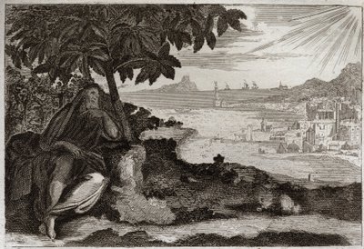 Bijbel van Royaumont, Oude Testament: Ivy desseche. God toont door een gevoelig voorbeeld aan zijn profeet Jonas hoeveel hij van mensen houdt en hoeveel pijn hij lijdt wanneer hij gedwongen is hen te straffen. Illustratie uit 1811. door Unknown artist