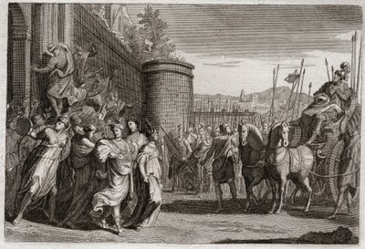 Bijbel van Royaumont, Oude Testament: Jefta offert zijn dochter. Jefta, een van de rechters van Israël, beloofde God de eerste persoon die hem na zijn overwinning tegen de Ammonieten zou ontmoeten te offeren. Het was zijn dochter. Illustratie uit 1811. door Unknown artist