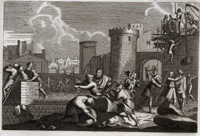 Bijbel van Royaumont, Oude Testament: Herbouw van Jeruzalem. Koning Artaxerxes I stuurde Nehemia naar Jeruzalem met toestemming om alle muren te herbouwen. Illustratie uit 1811. door Unknown artist