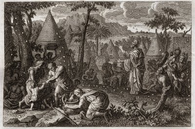 Bijbel van Royaumont, Oude Testament: Joden in de woestijn (of de oogst van manna). God laat veertig jaar lang manna uit de hemel vallen. Illustratie uit 1811. door Unknown artist
