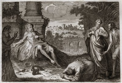 Bijbel van Royaumont, Oude Testament: Job op mesthoop. De heilige man Job wordt verleid door de demon die al zijn bezittingen en kinderen wegneemt, hem met een verschrikkelijke wond slaat en hem alleen zijn vrouw laat om hem ongeduldig te dragen. Illustrat door Unknown artist