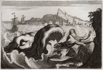 Bijbel van Royaumont, Oude Testament: Jona in de walvis. Profeet Jonas leeft in een walvis en komt er levend uit. Illustratie uit 1811. door Unknown artist
