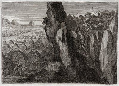 Bijbel van Royaumont, Oude Testament: Jonathan en zijn schildknaap. Jonathan, de zoon van koning Saul, gaat alleen met zijn schildknaap het kamp van de Filistijnen binnen en jaagt hen op de vlucht. Illustratie uit 1811. door Unknown artist