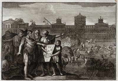 Bijbel van Royaumont, Oude Testament: Koning Cyrus. Cyrus II de Grote, koning van Perzië, en sinds Babylon, wetende dat het was voorspeld door de profeten dat hij degene zou zijn die de Tempel van Jeruzalem zou herbouwen, geeft alle Joden de macht... door Unknown artist