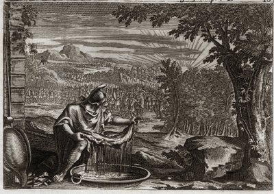 Bijbel van Royaumont, Oude Testament: Wonder van de Vacht. Gideon verkreeg van God het wonder van de vacht als bewijs dat hij hem had gekozen en dat hij hem de bevrijder van zijn volk zou maken. Illustratie uit 1811. door Unknown artist