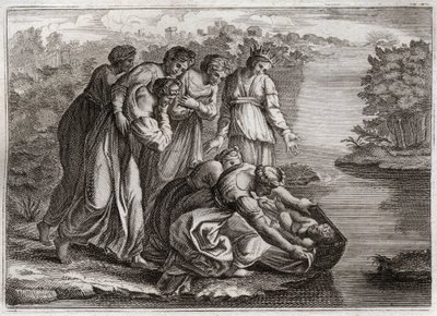 Royaumont Bijbel, Oude Testament: Mozes redt wateren. De dochter van de farao haalde Mozes uit de wateren van de Nijl en adopteerde hem als haar zoon. Illustratie uit 1811. door Unknown artist