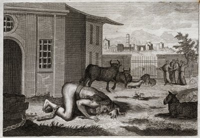 Bijbel van Royaumont, Oude Testament: Nebukadnezar verandert in een beest. Koning Nebukadnezar II wordt door een rechtvaardige straf voor zijn trots in een beest veranderd. Illustratie uit 1811. door Unknown artist