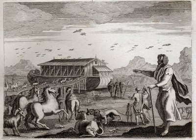Bijbel van Royaumont, Oude Testament: Ark van Noach. God, boos over de overtredingen van de mensen, besluit iedereen te straffen met een zondvloed; en om Noach, die rechtvaardig was, te redden, beveelt Hij hem de Ark te maken. Illustratie uit 1811. door Unknown artist