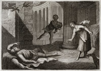 Bijbel van Royaumont, Oude Testament: Oude Tobit verliest zijn zicht. De heilige man Tobit verliest zijn zicht en verdraagt dit kwaad met uiterste geduld. Illustratie uit 1811. door Unknown artist