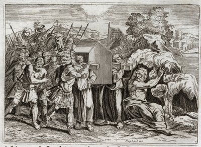 Bijbel van Royaumont, Oude Testament: Oversteek van de Jordaan. Jozua brengt de Jordaan naar het hele volk. Deze rivier droogt op, en de priesters die de ark van het verbond droegen kwamen erin; en de wateren rezen op en bleven als een berg hangen. I door Unknown artist