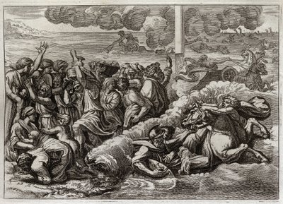 Bijbel van Royaumont, Oude Testament: Farao verdrinkt in de Rode Zee. De doortocht van de Rode Zee door Mozes en de Hebreeën, waarbij het leger van Farao verdrinkt. Illustratie uit 1811. door Unknown artist